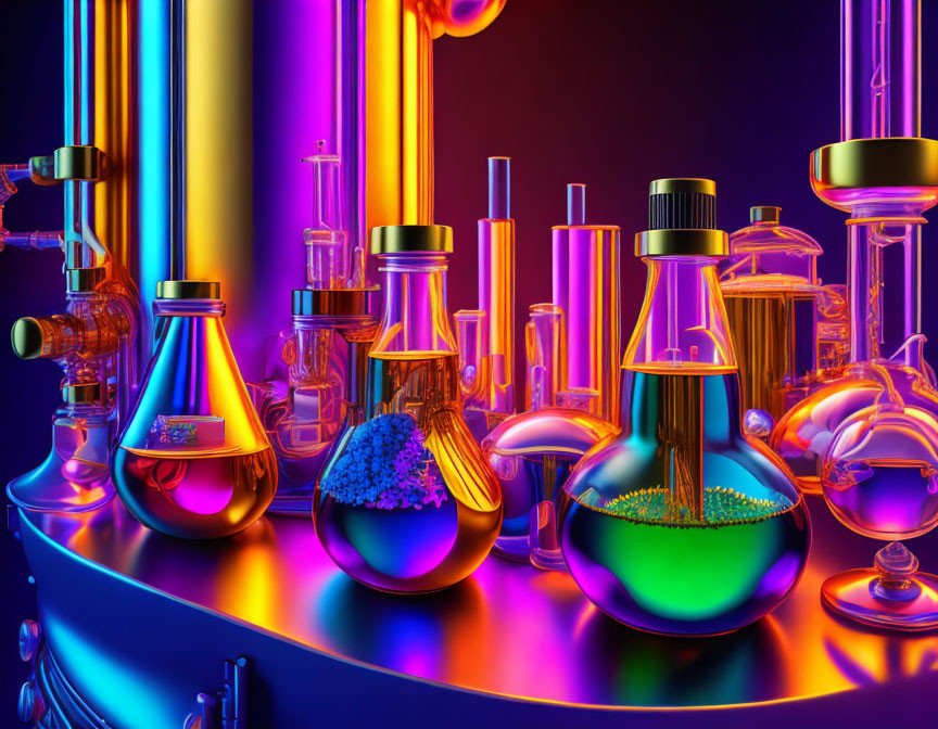 Colorful Chemistry Laboratory Setup Under Neon Lights