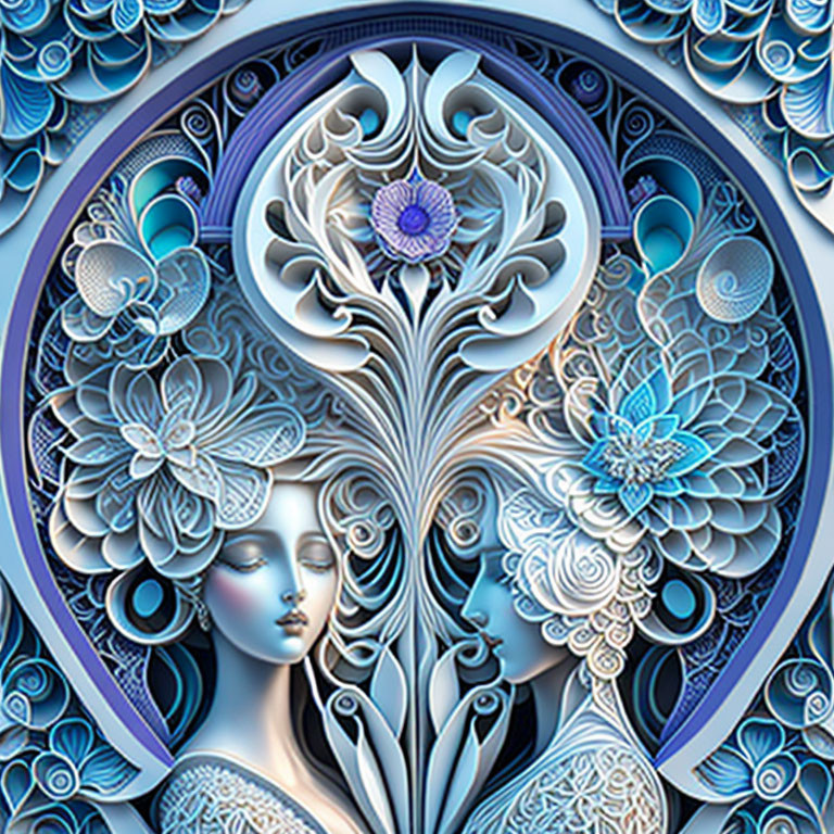 Stylized female profiles with floral designs in shades of blue and peacock feather motif