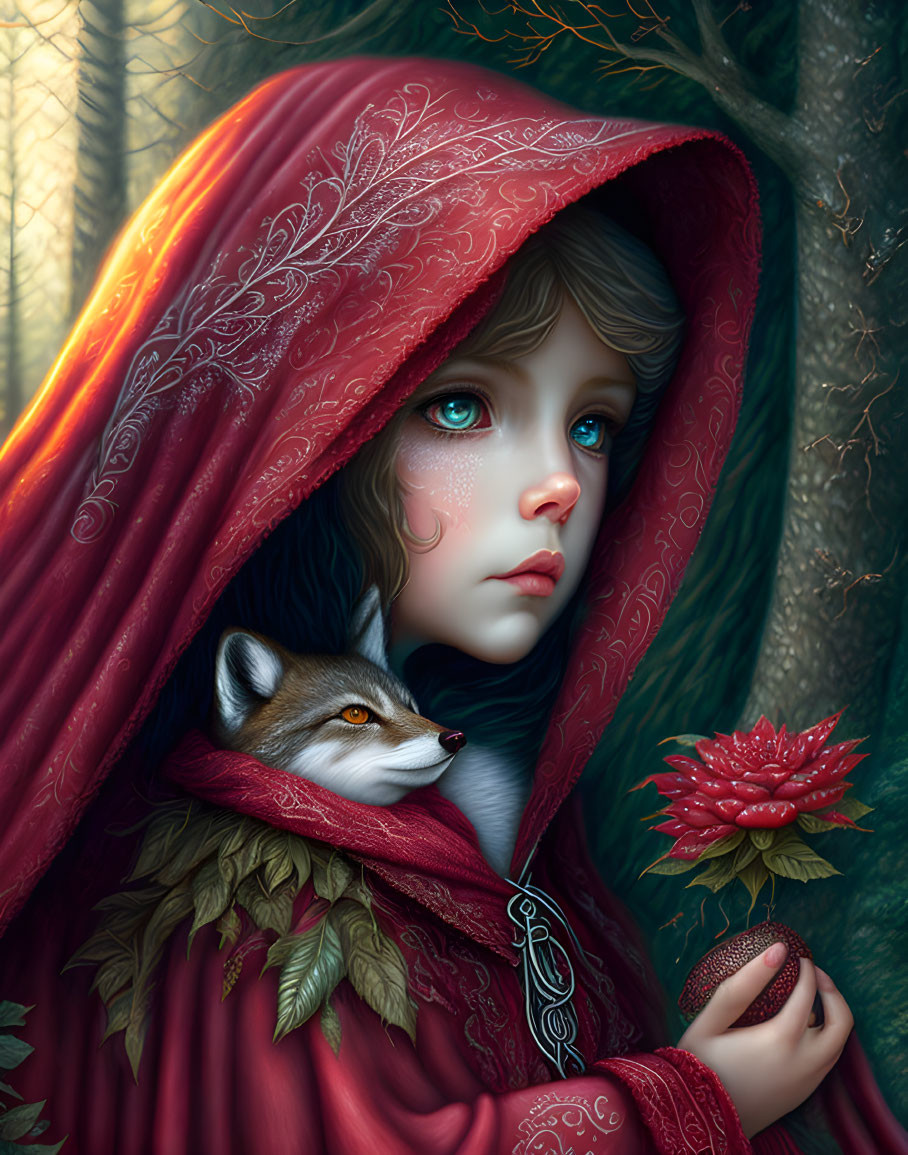 Digital art of girl with large blue eyes in red cloak, holding flower, with wolf in forest.