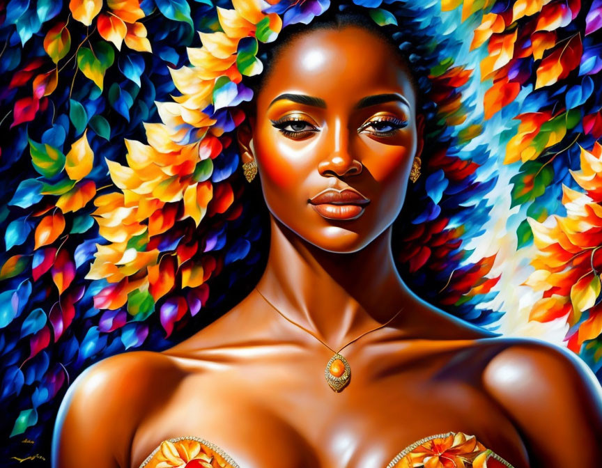 Colorful Portrait of Woman with Lustrous Skin and Flowers