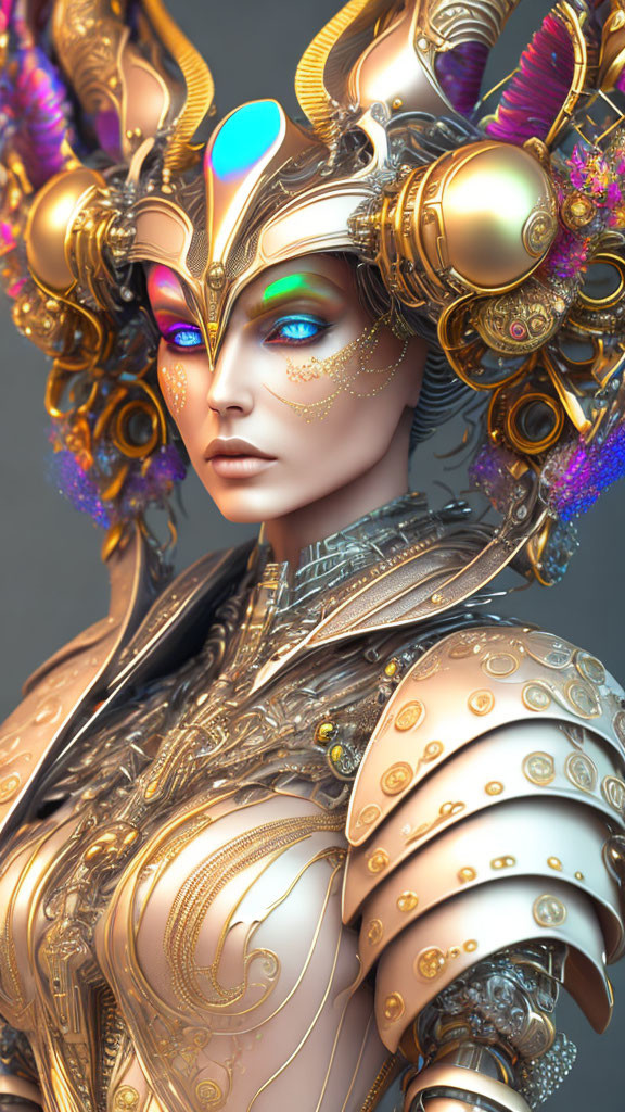 Detailed CG image: Woman with blue eyes in ornate golden armor