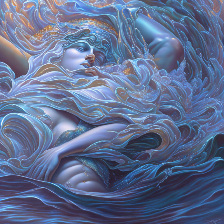 Illustration of serene woman with oceanic hair and intertwining waves in blue and golden hues