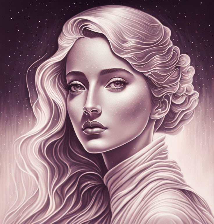 Monochromatic Portrait of Woman with Flowing Hair and Cosmic Background