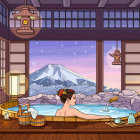 Girl sitting in traditional room with Mount Fuji view and delicious meals