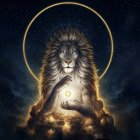 Colorful Lion Artwork with Cosmic Theme and Glowing Halo