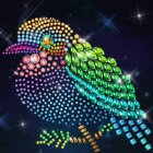 Colorful jeweled bird with golden beak on starry background.