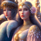 Two women in ornate headpieces and fur cloaks in snowy fantasy scene