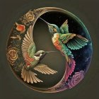 Stylized birds in ornate frame with floral designs on muted background