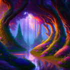 Fantasy forest with twisted trees, stream, colorful flora, and ethereal light.