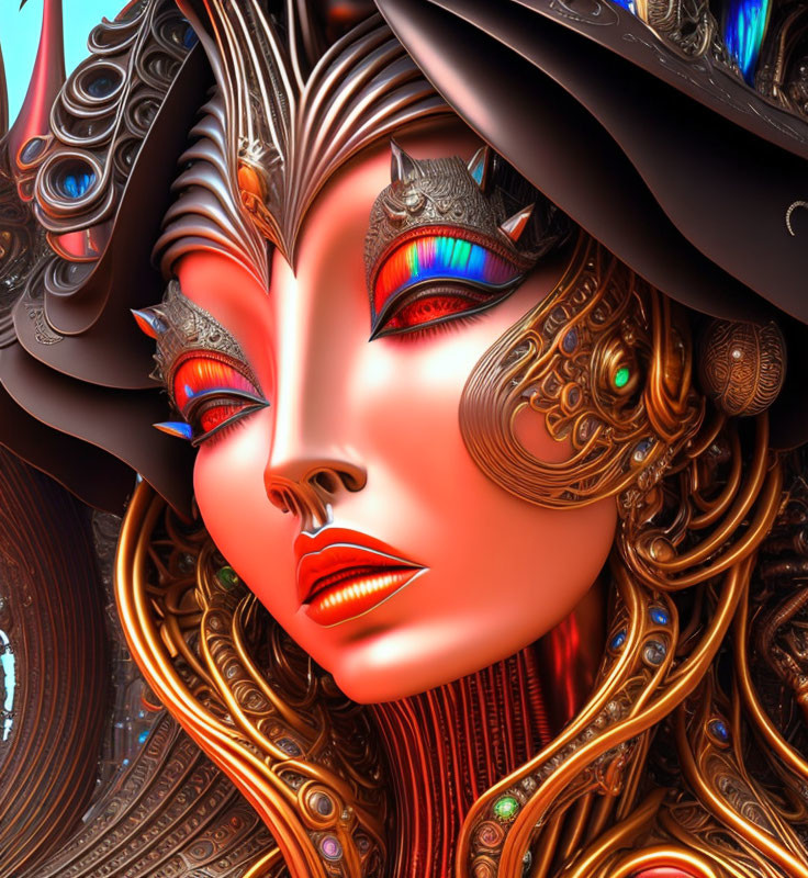 Futuristic ornate female android with gold and copper metalwork