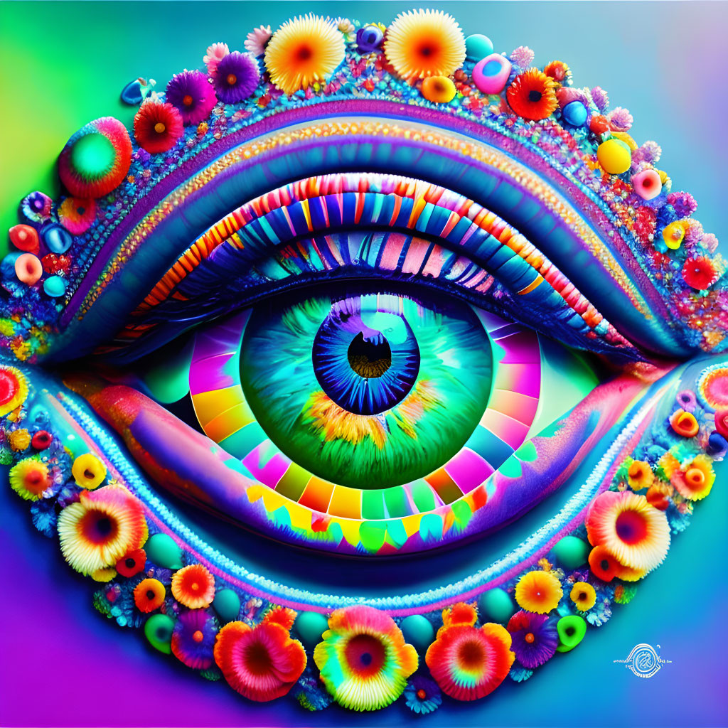 Colorful Eye Artwork with Psychedelic Patterns on Rainbow Background