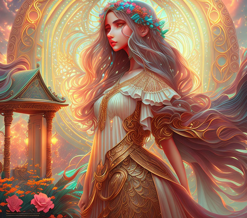 Illustration of woman with floral crown in mystical setting