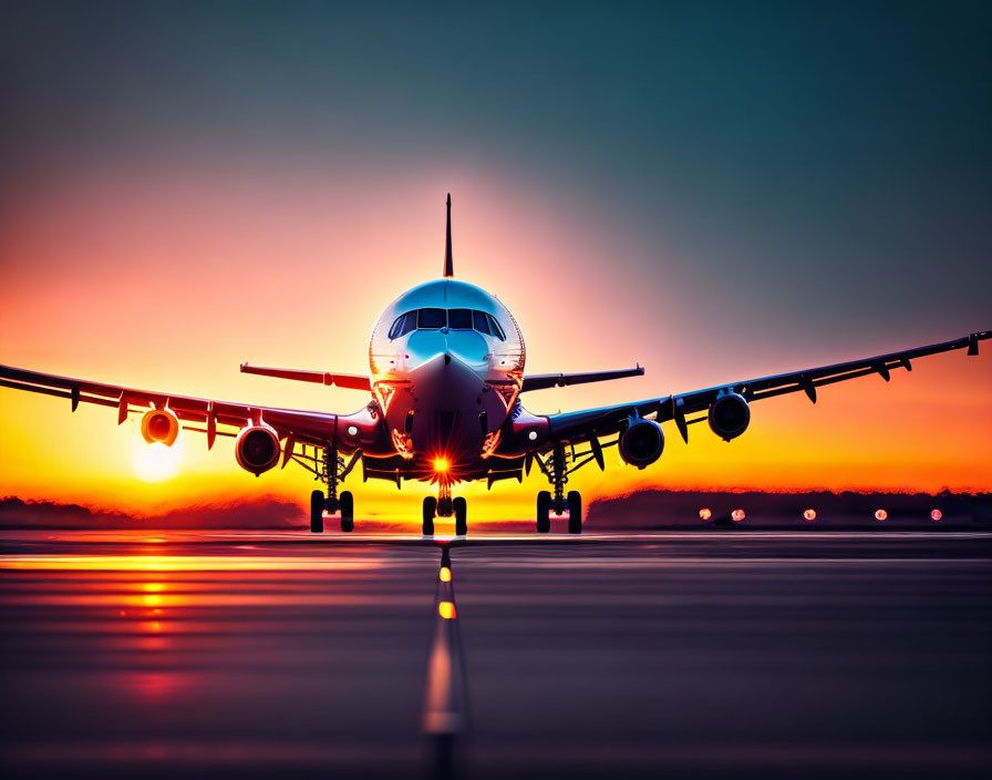 Airplane on Runway at Sunset with Vibrant Orange Sky