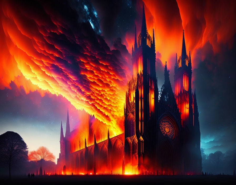 Gothic Cathedral under Fiery Apocalyptic Sky