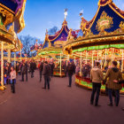 Anthropomorphic dogs in a festive village scene at night