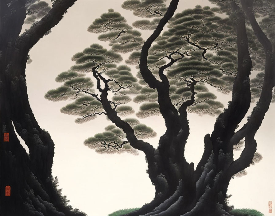 Ink wash painting of twisting trees with Asian calligraphy and red seals