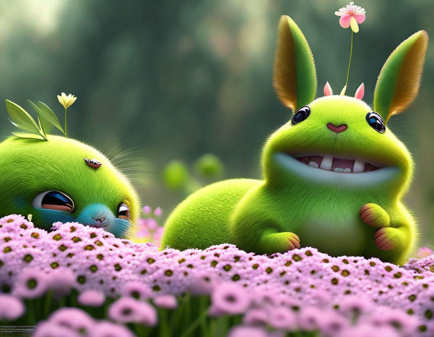 Bright green furry creatures with rabbit-like ears among pink flowers