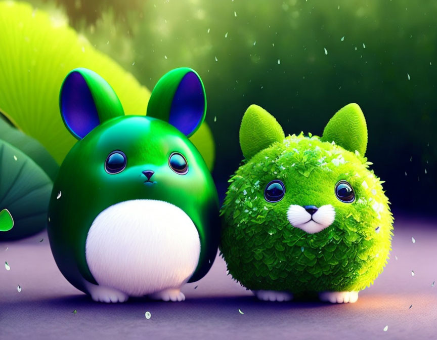 Stylized green bunny and chinchilla with vibrant eyes on greenery background