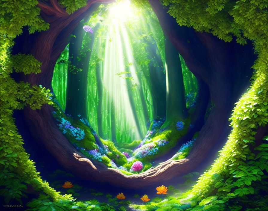 Lush Fantasy Forest with Sunlight Through Trees