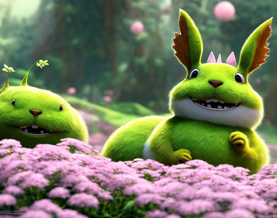 Cheerful green cartoon rabbits in pink flower garden