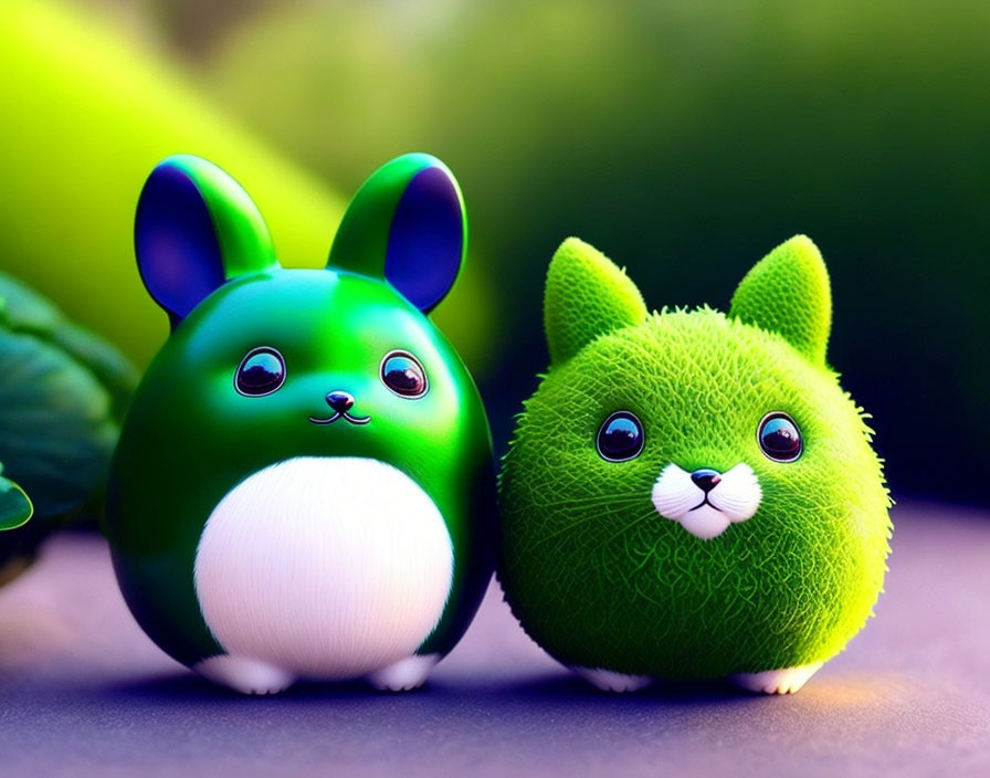 Stylized green bunny and kitten on soft-focus background