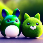 Stylized green bunny and chinchilla with vibrant eyes on greenery background