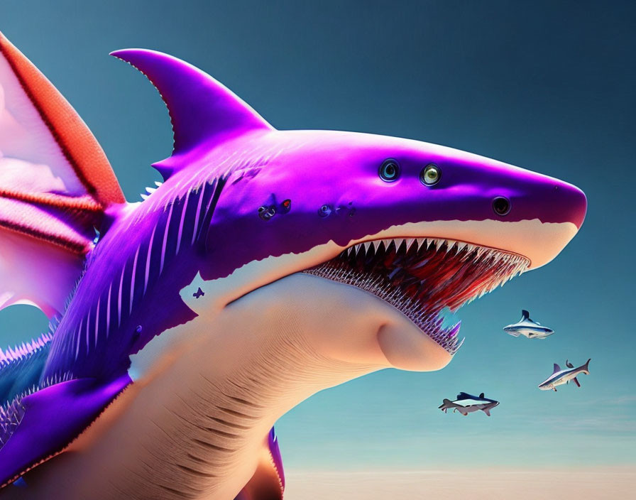 Colorful Purple Shark with Multiple Rows of Teeth Swimming Under Blue Sky