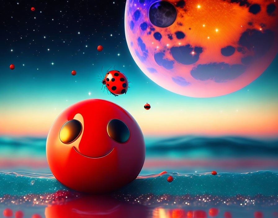 Red Smiling Emoji Ball with Ladybug Floating on Water in Alien Sky