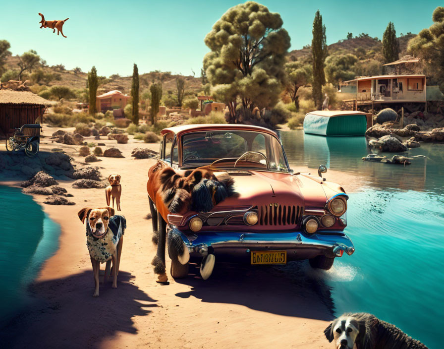 Vintage Car Parked by Serene Lakeside with Dogs and Village Backdrop