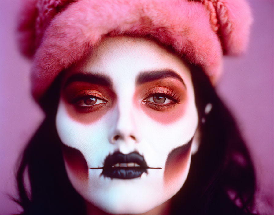 Skull makeup person in pink furry hat on pink background