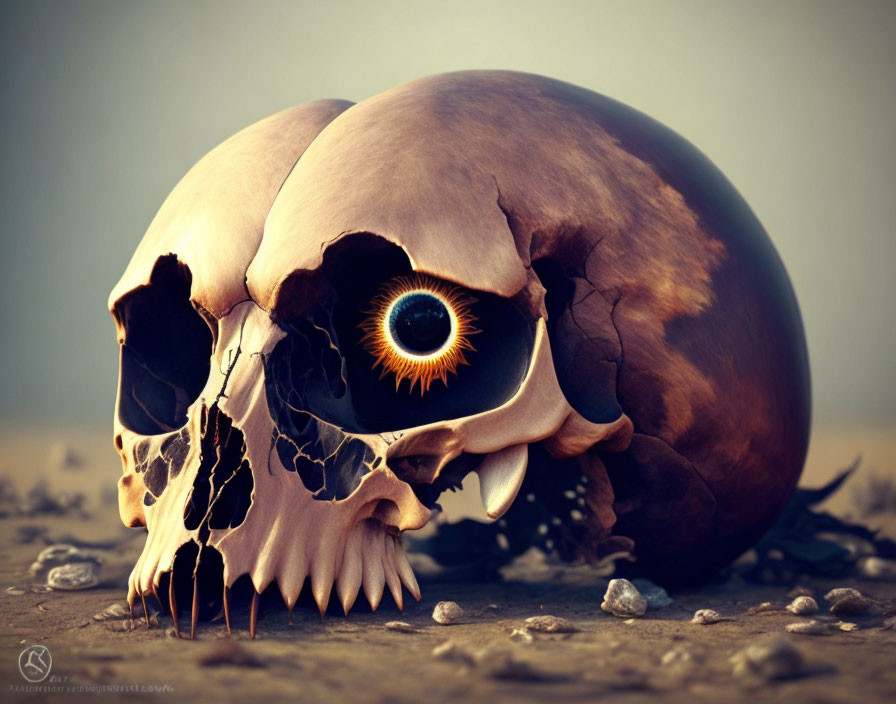 Skull with Vibrant Eye on Muted Background