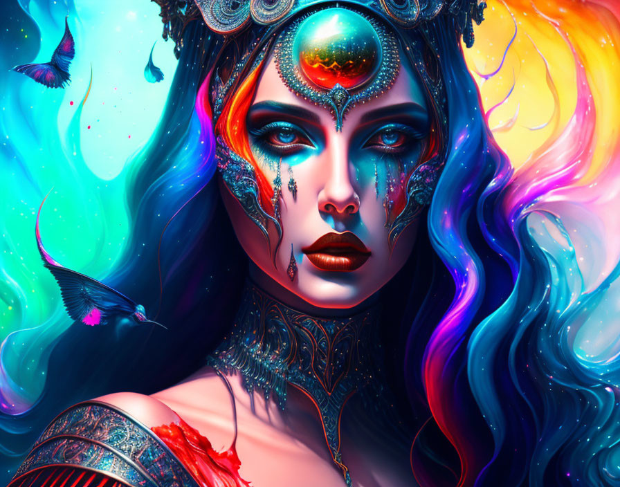 Colorful fantasy artwork: Woman with ornate headdress, glowing gem, butterflies