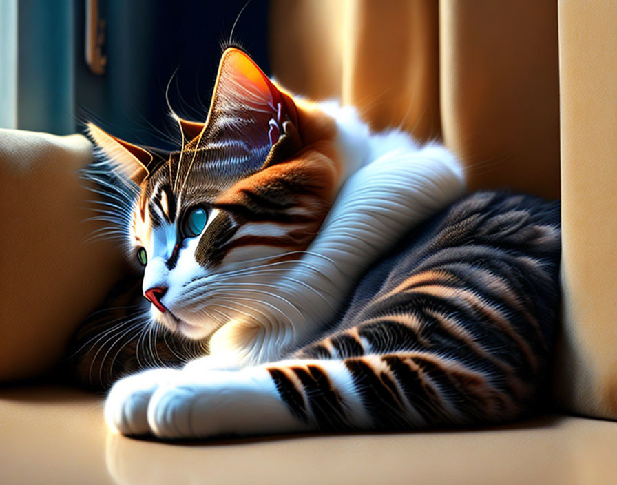 Striped domestic cat lounging on a couch by the window