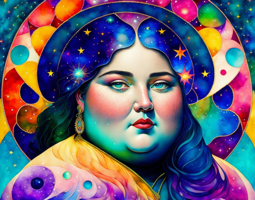 Illustration of woman with cosmic features and colorful galaxies in hair