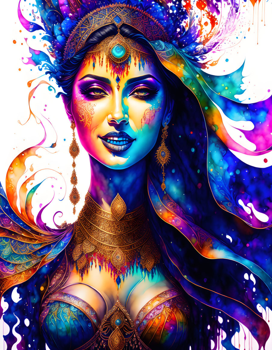 Colorful digital artwork of a woman with multi-colored skin and elaborate headgear.