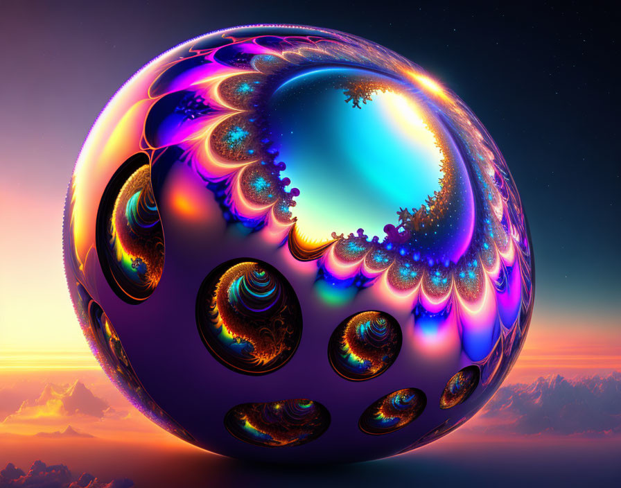 Colorful fractal sphere against sunset sky with clouds