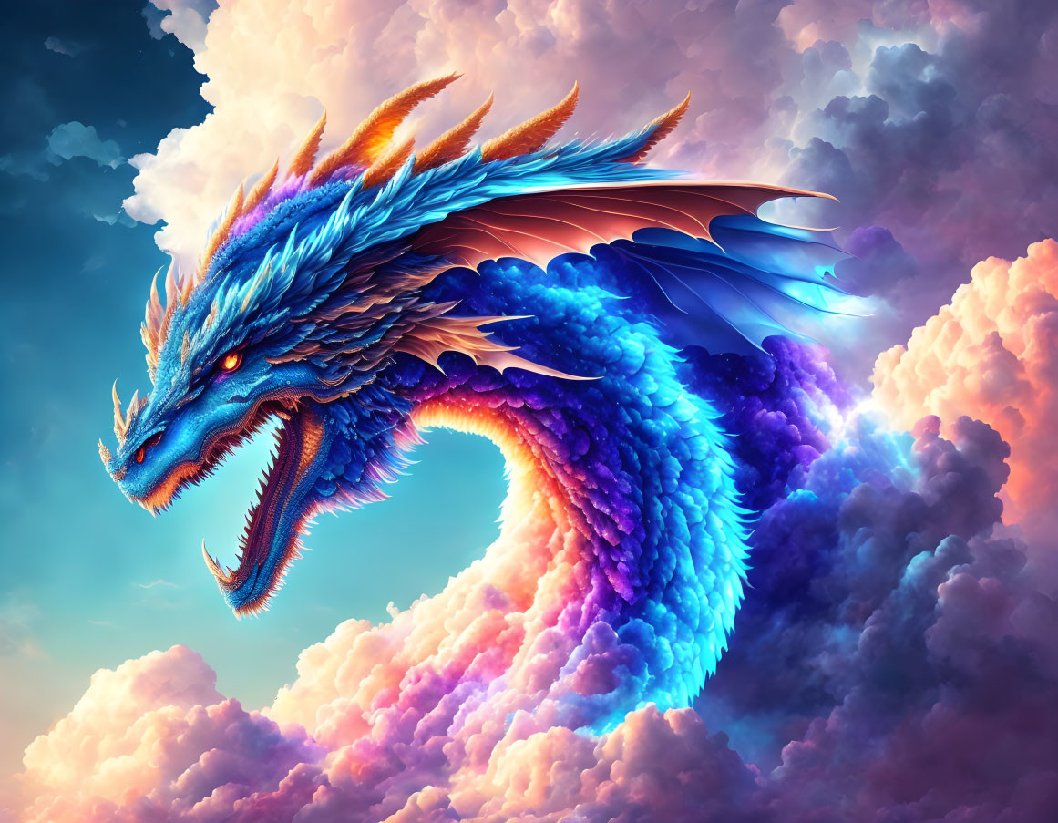 Vibrant blue dragon flying in colorful sky