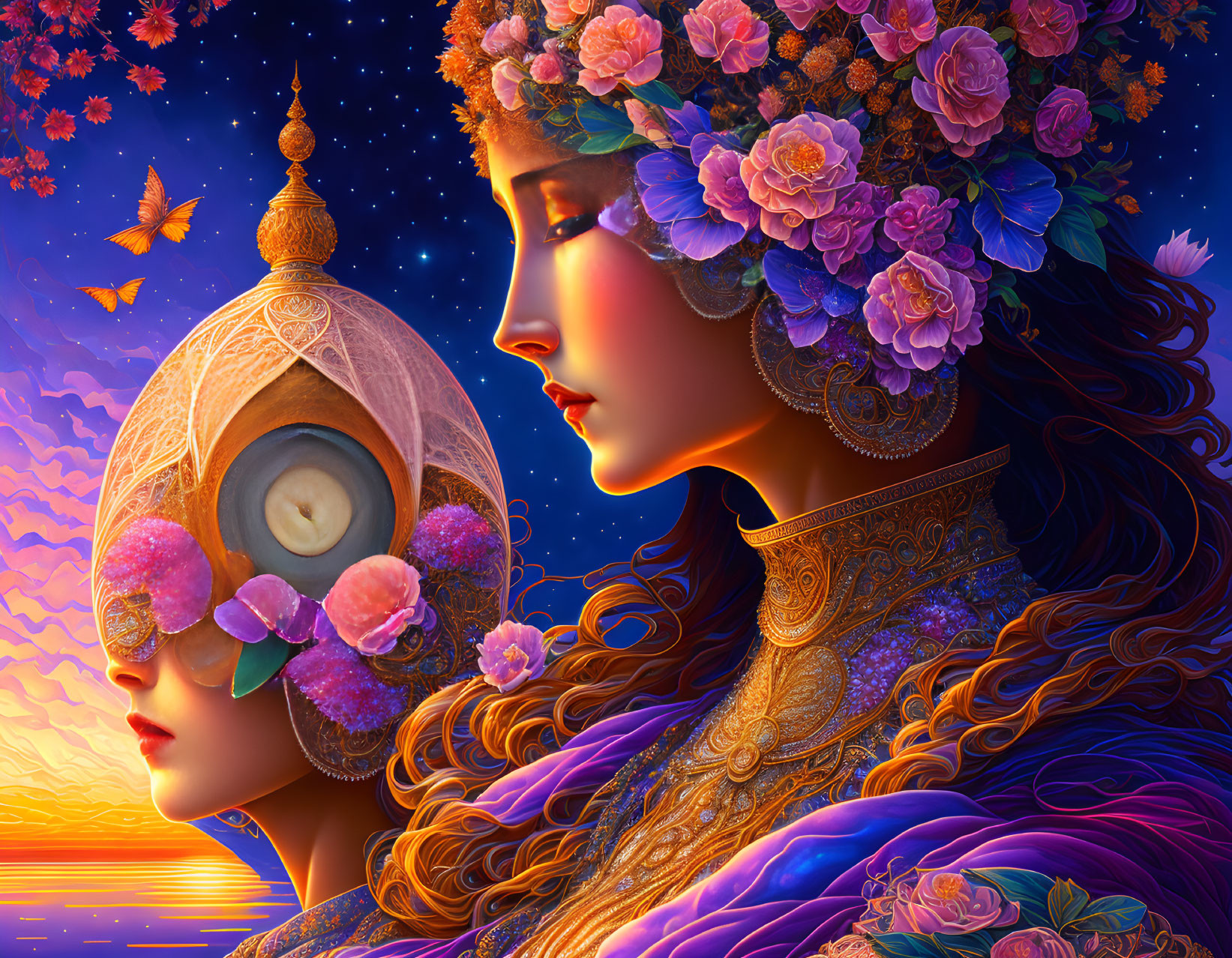 Illustration of two women in floral headdresses under a starry sunset.