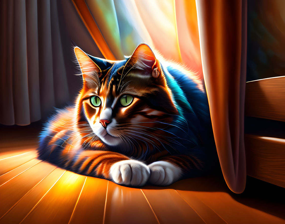 Vibrant cat illustration with green eyes in sunbeam.