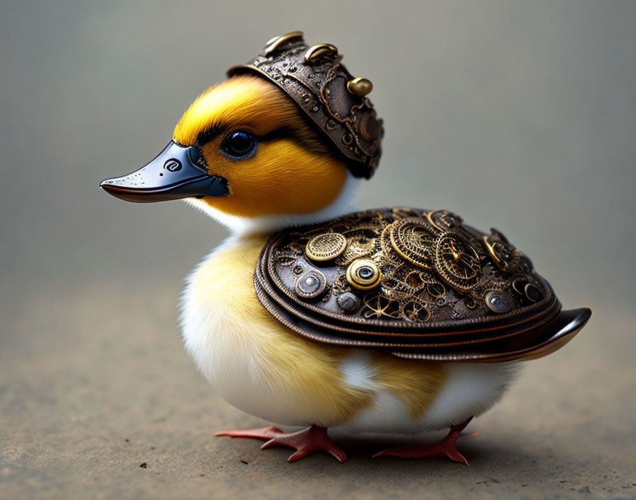 Steampunk-themed duckling with gear-adorned shell and helmet