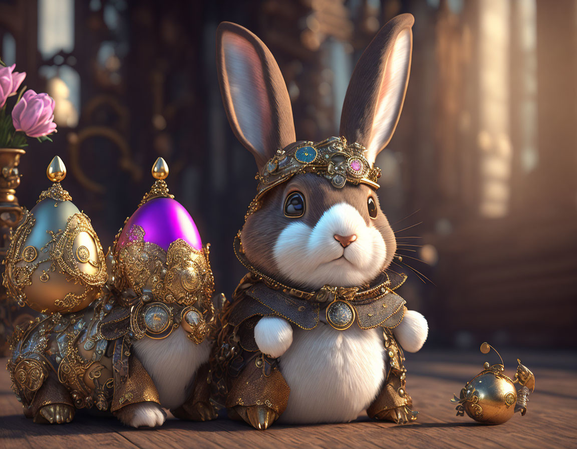 Ornately decorated bunny with golden gear and embellished eggs in elegant room