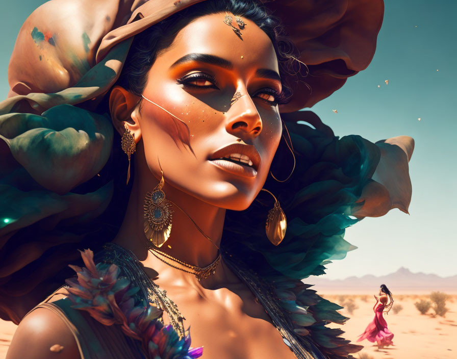 Woman adorned in gold jewelry with surreal flower in desert landscape