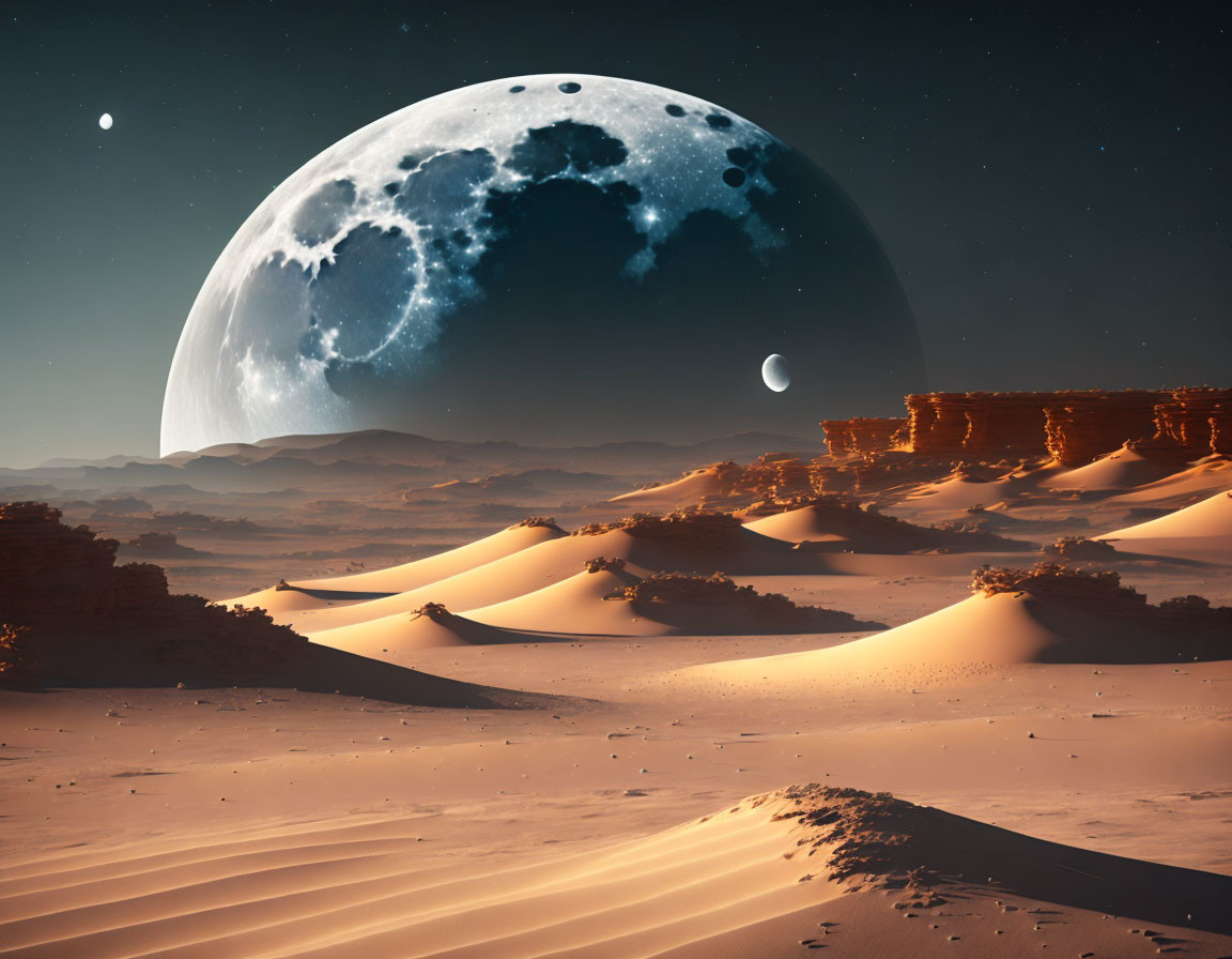 Surreal desert landscape with twilight sky and celestial bodies
