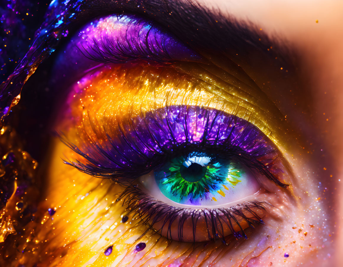 Vibrant eye makeup with purple lashes and colorful hues