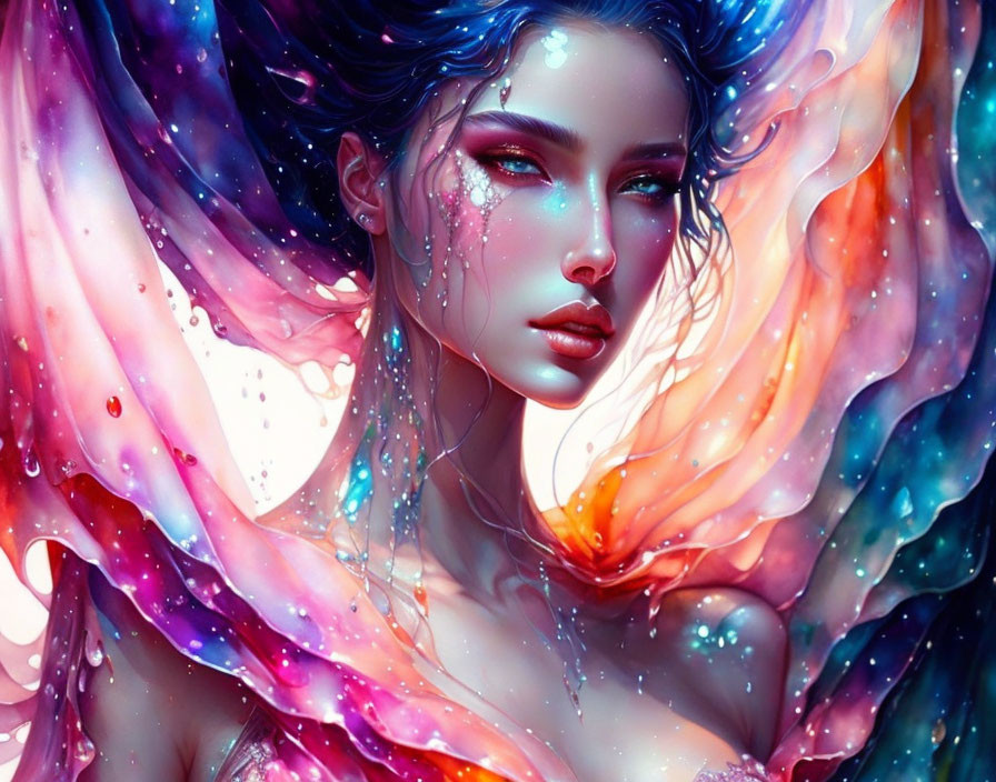 Fantasy illustration: Woman with blue skin and radiant, colorful hair