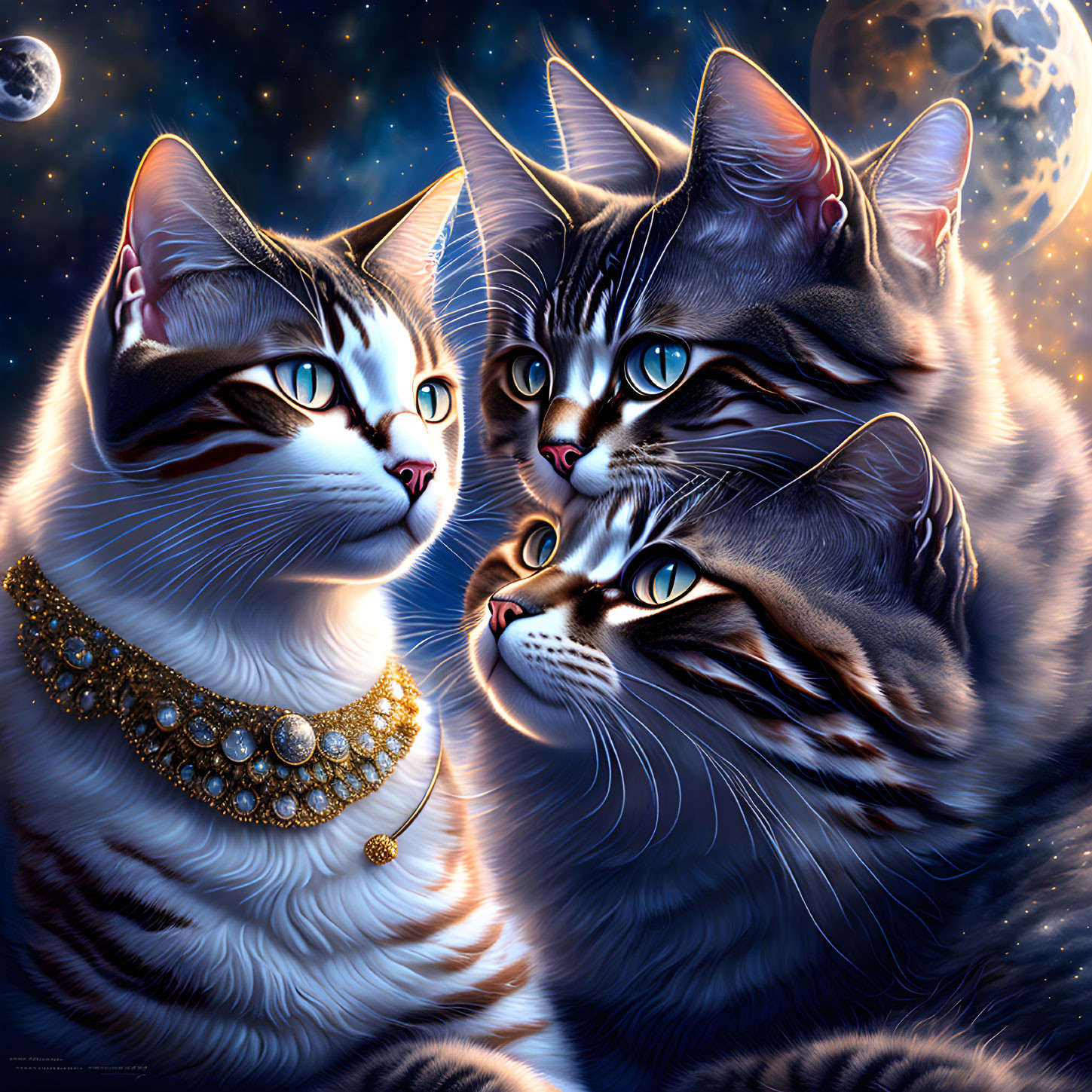 Four cats with blue eyes and celestial fur patterns in cosmic setting