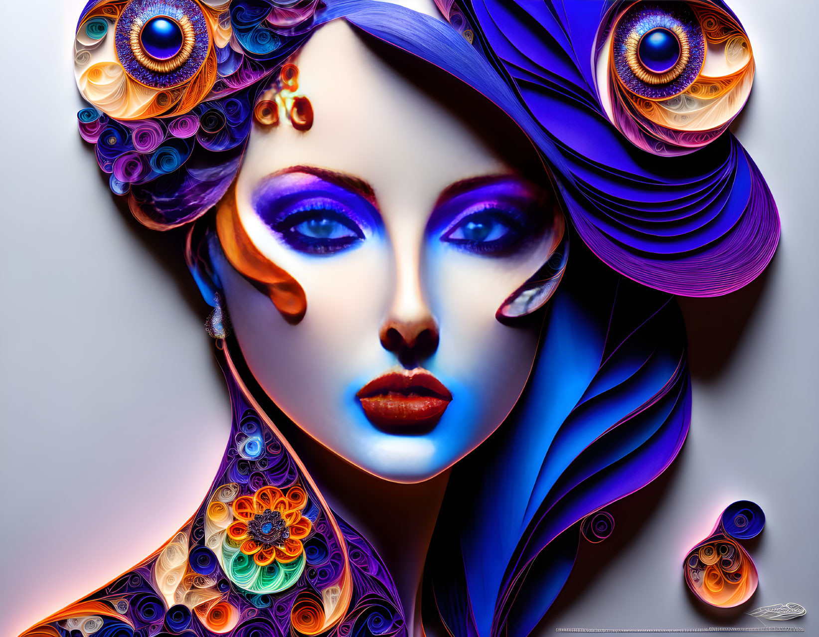 Colorful portrait of a woman's face with quilled paper designs