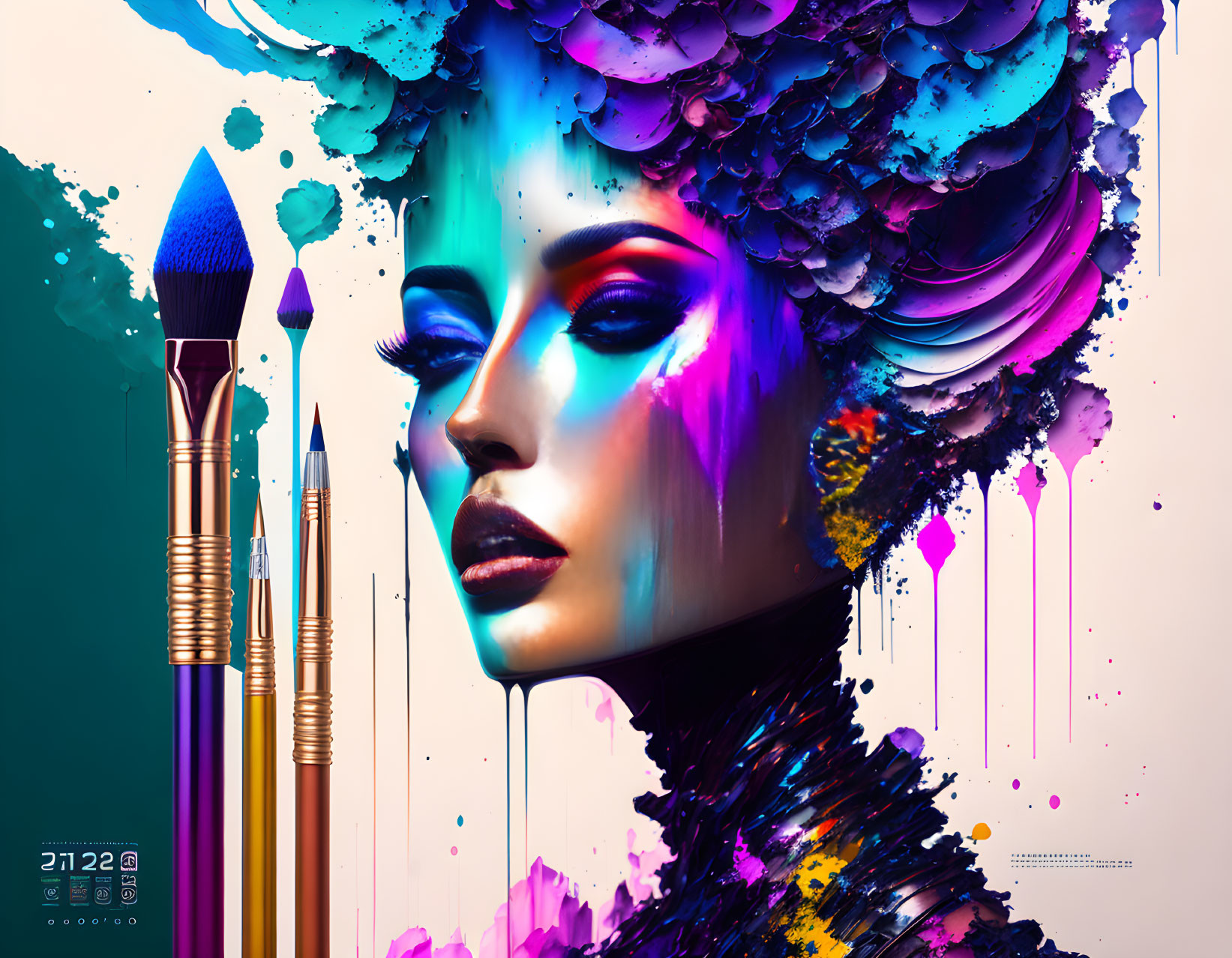 Vibrant surreal artwork: woman with paint blending on face