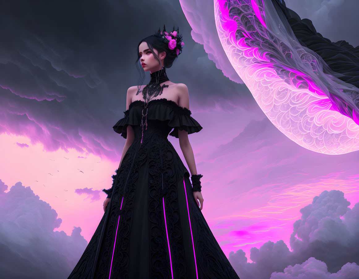 Woman in gothic black dress with ornate wings under stormy sky