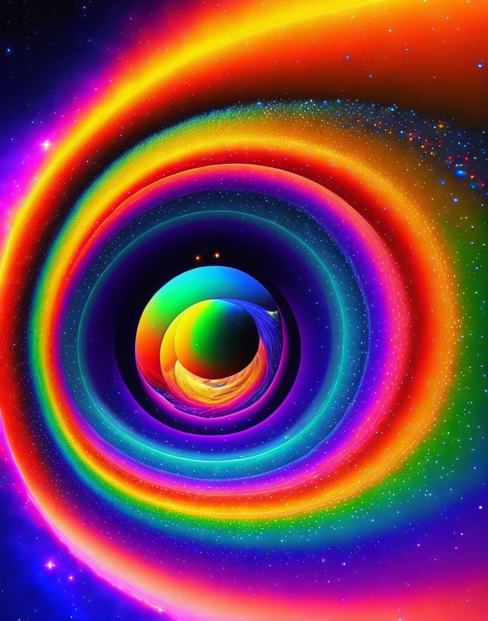 Colorful Swirling Rainbow Sphere on Starry Space Background